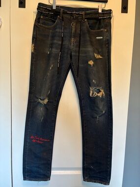 OFF-WHITE Blue Distressed Slim Jeans